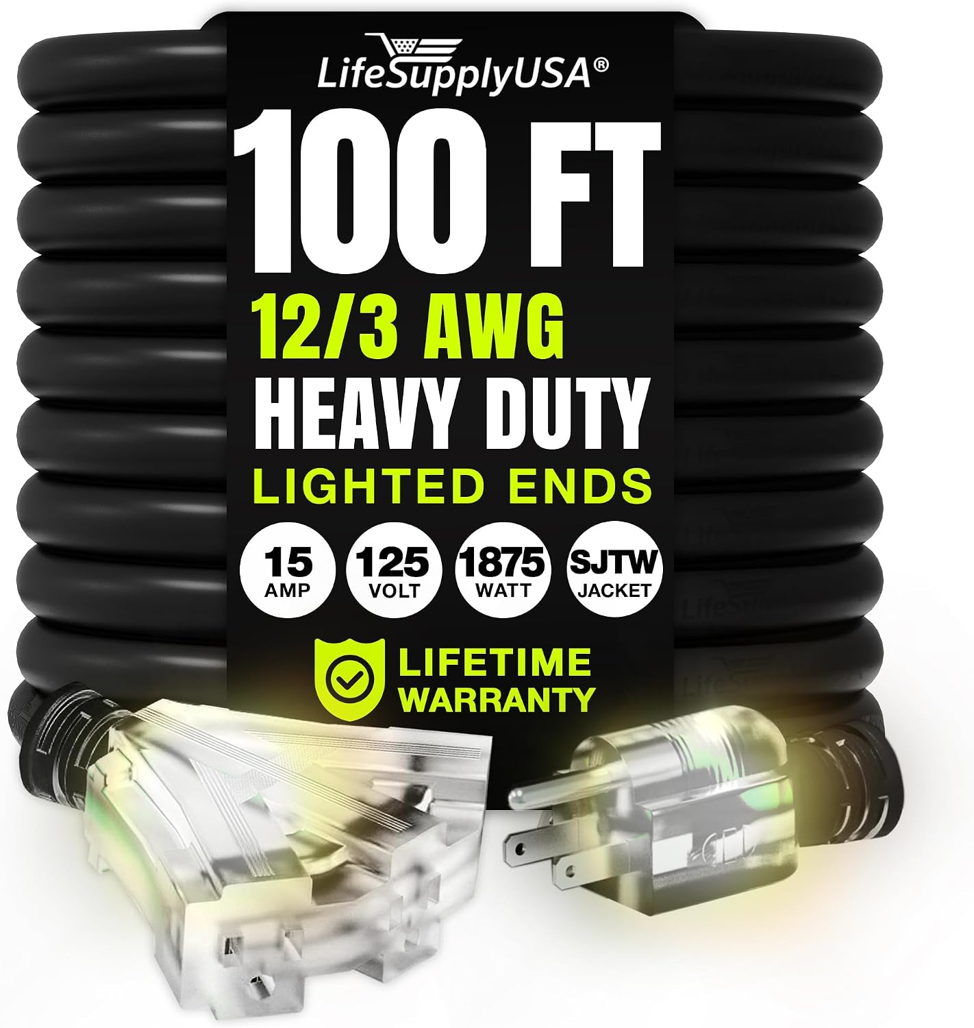 Cable extensión 100ft 3 tomas SJTW impermeable resistente
