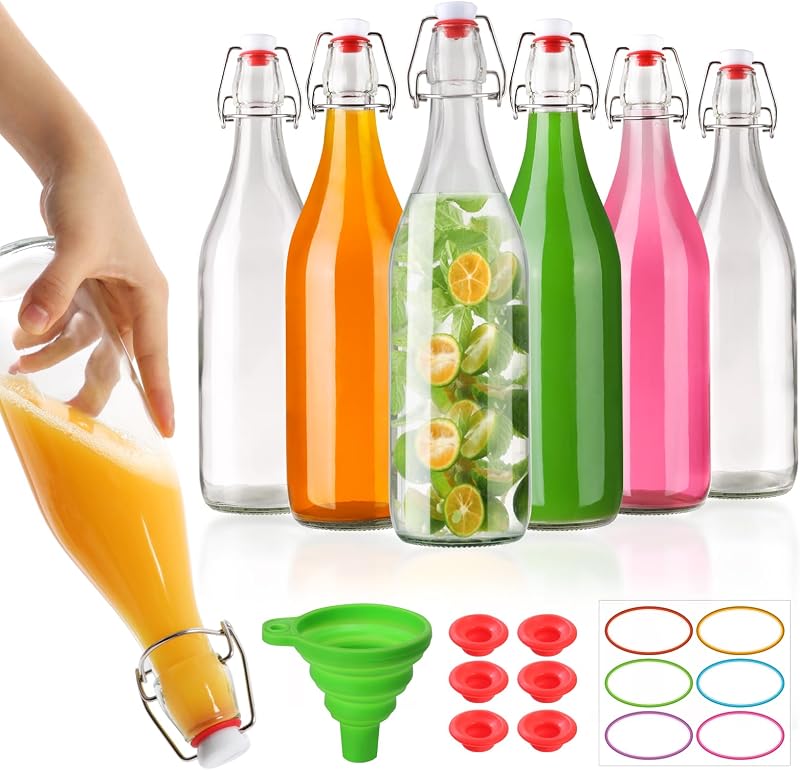 Botella vidrio abatible 32oz set 6 con tapa hermética