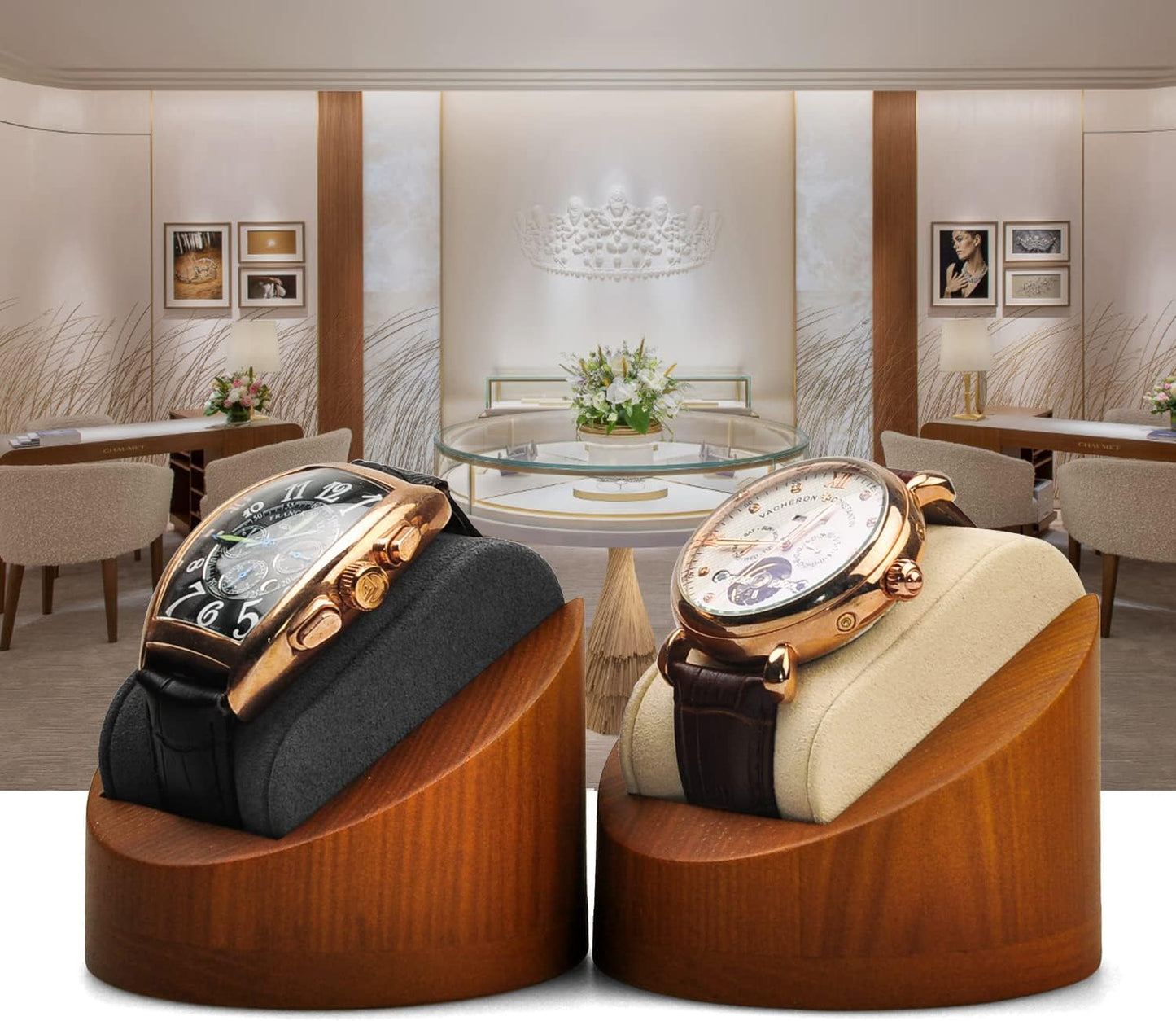 Soporte relojes madera maciza expositor redondo gris