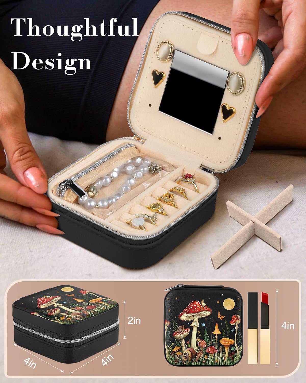 Estuche joyas viaje con espejo compacto para mujeres