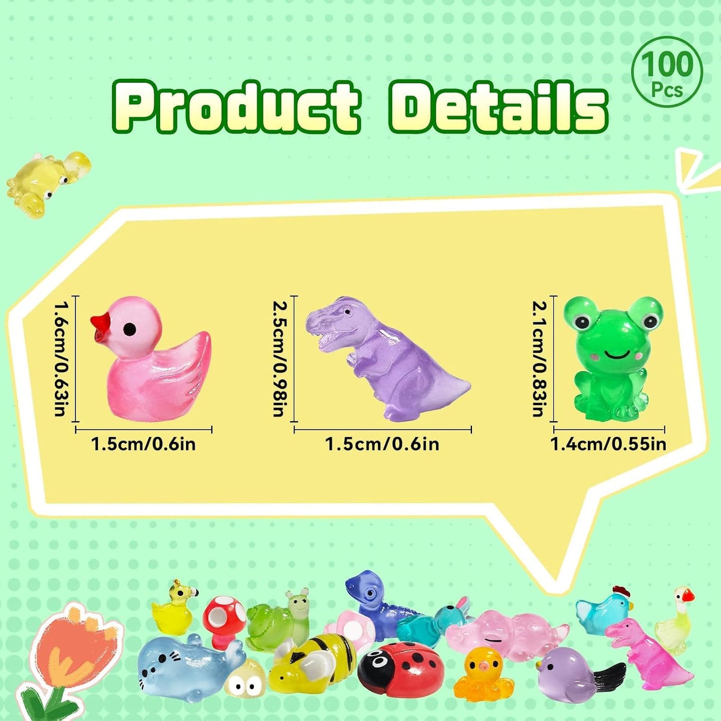 100 Pzas Mini Animales Resina Luminosos para Muñecas Jardín