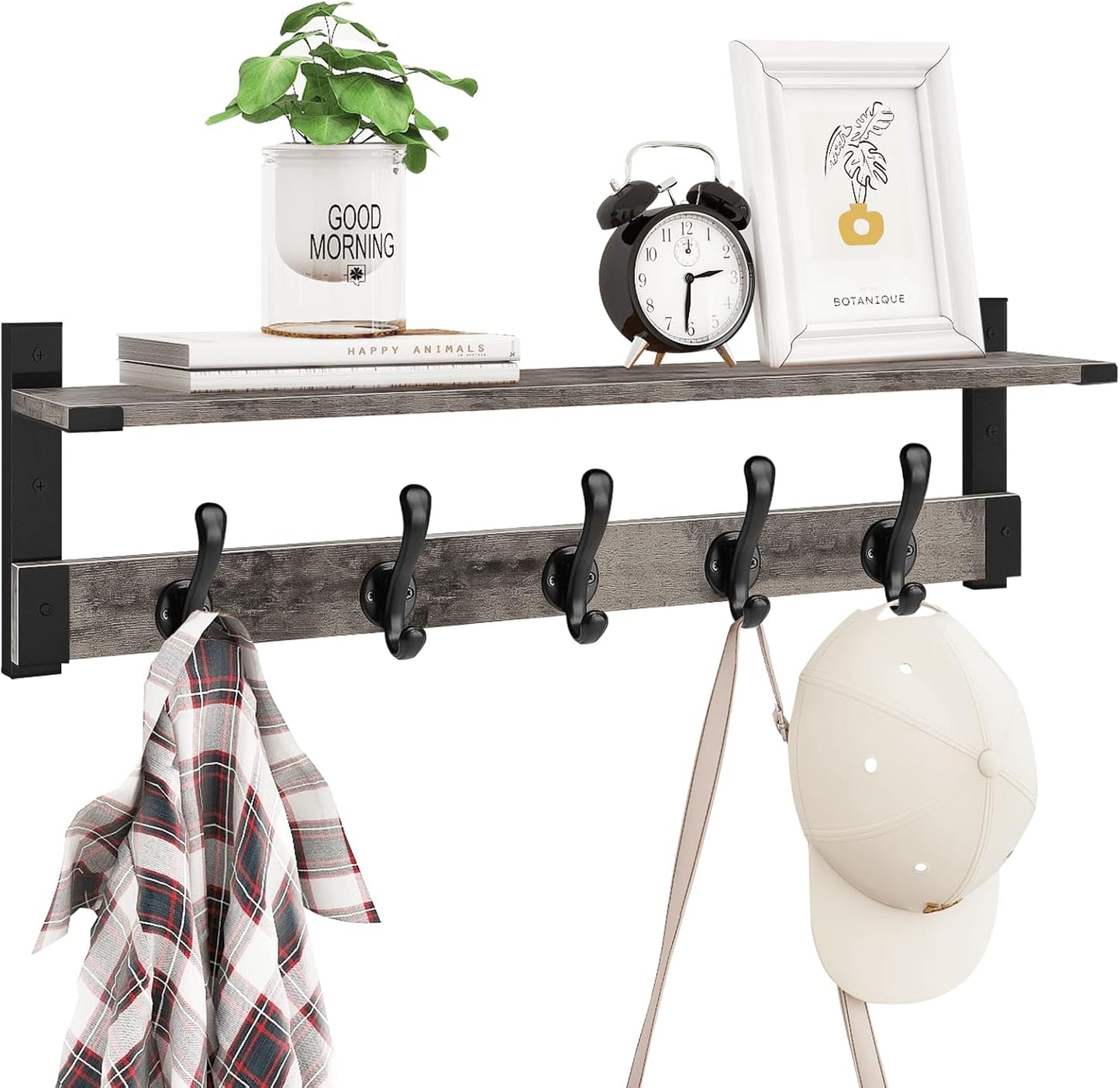 Perchero pared madera 29pulg con ganchos 5 perchas gris