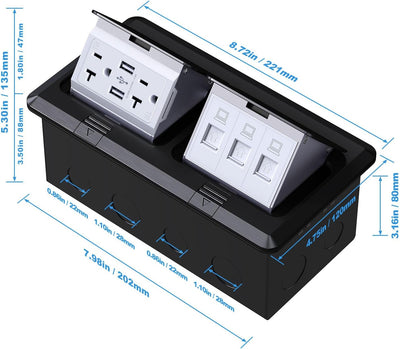 Caja toma corriente piso con USB 20A y Ethernet 3 puertos