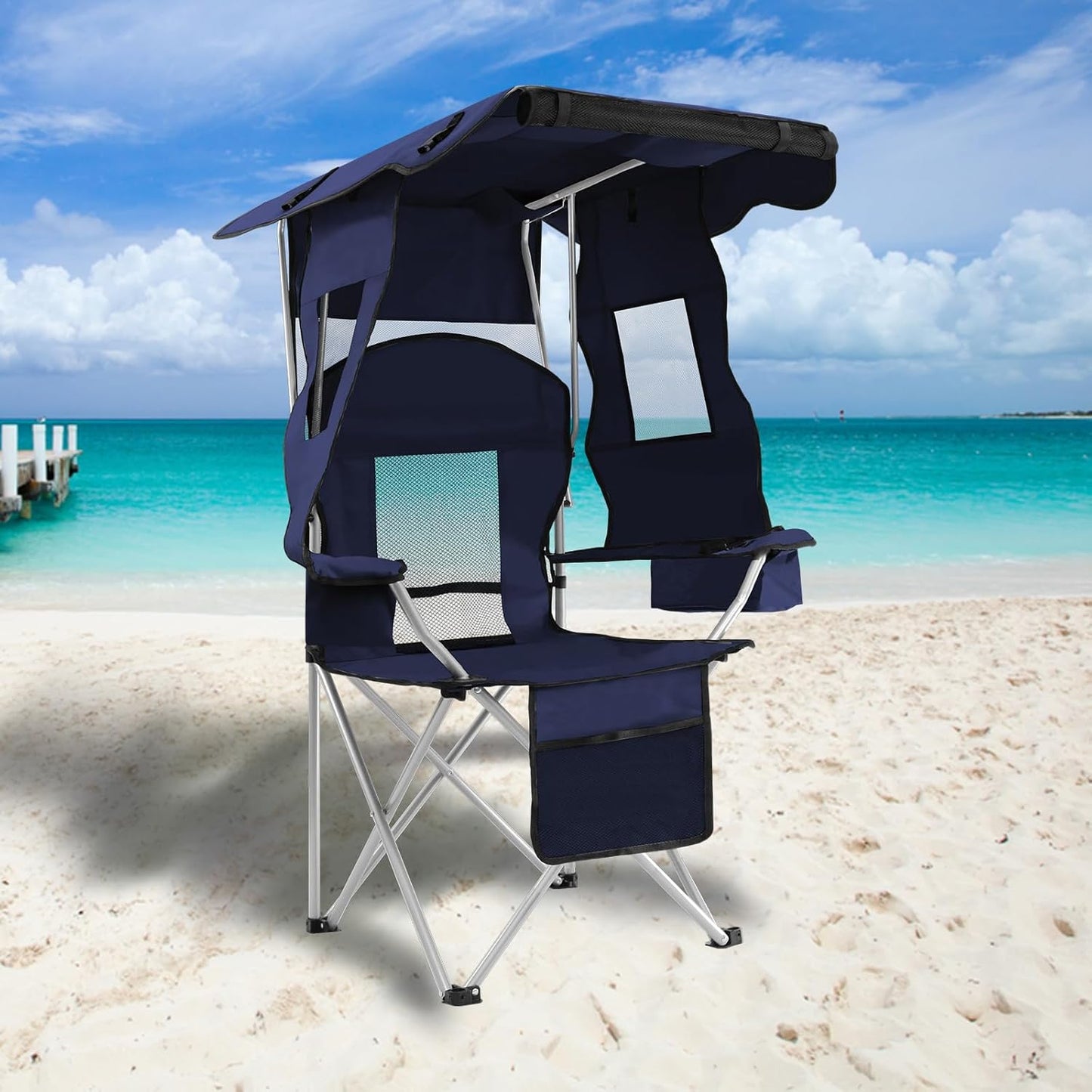 Silla camping reclinable plegable con toldo y portavasos