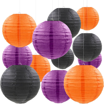 12 Pzas Faroles Papel Halloween Colgantes Naranja Negro Púrpura