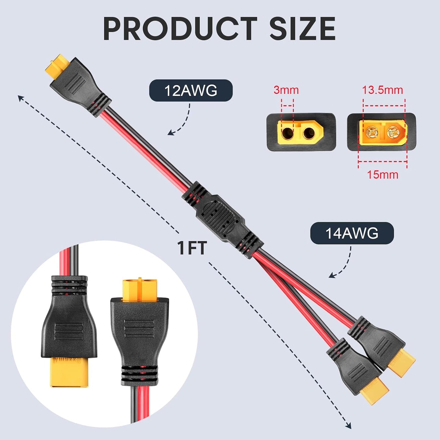 Cable XT60 divisor 1 hembra a 2 macho 12AWG drones