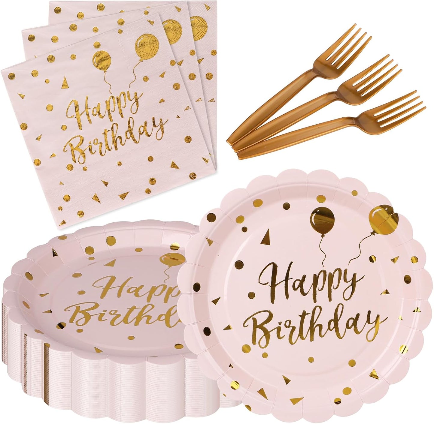 105 Platos y Servilletas Cumpleaños Rosa Claro con Tenedores