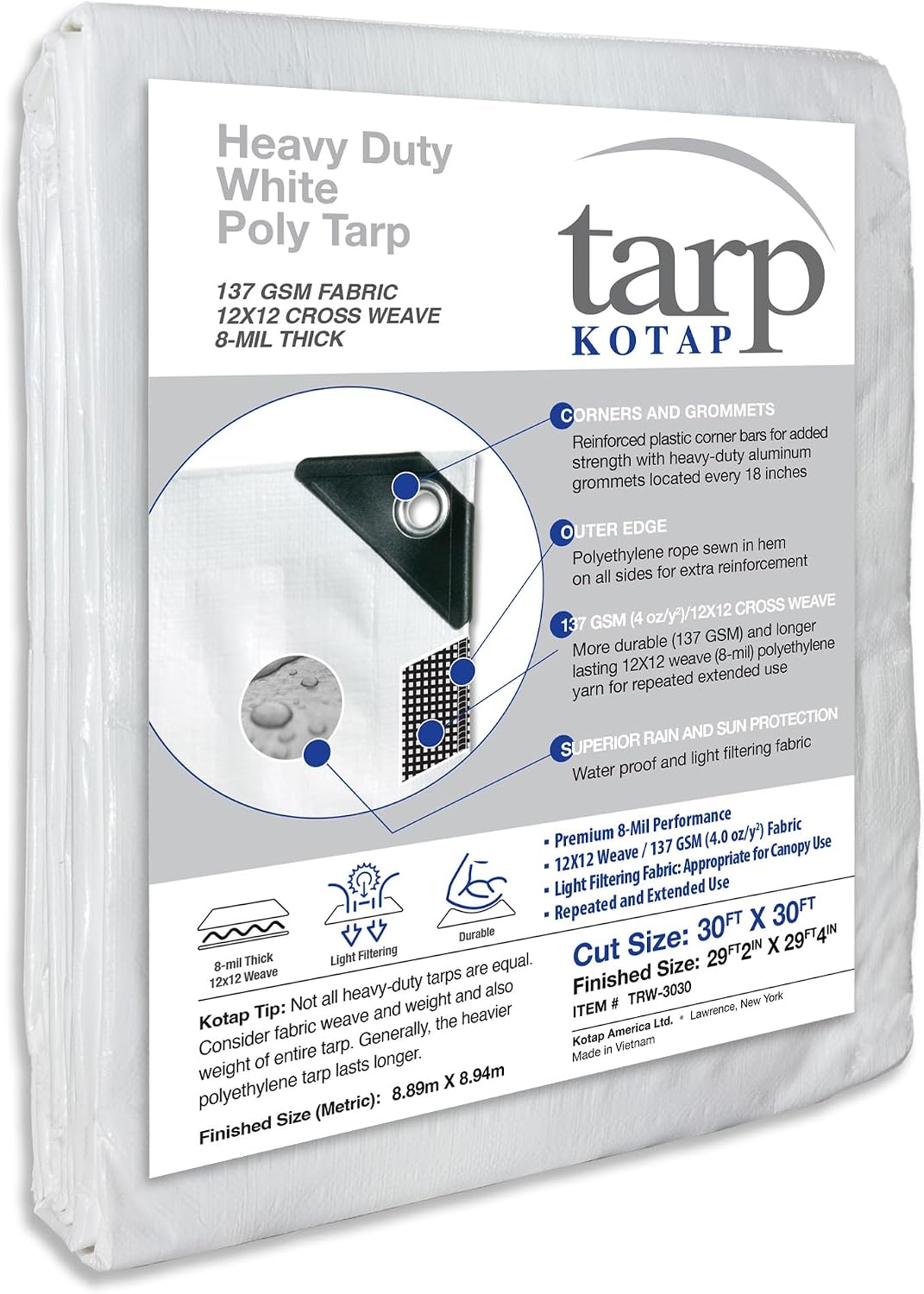 Lona polietileno resistente 8mil UV 30x30ft blanca