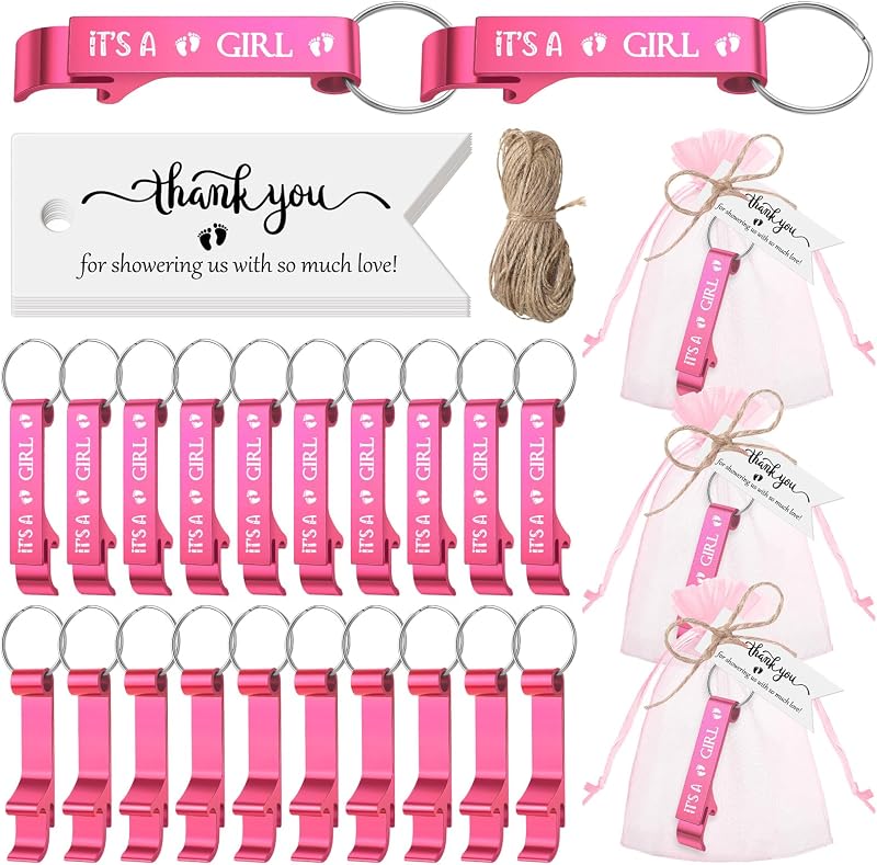 25 Juegos Abrebotellas Baby Shower Rosa con Etiquetas