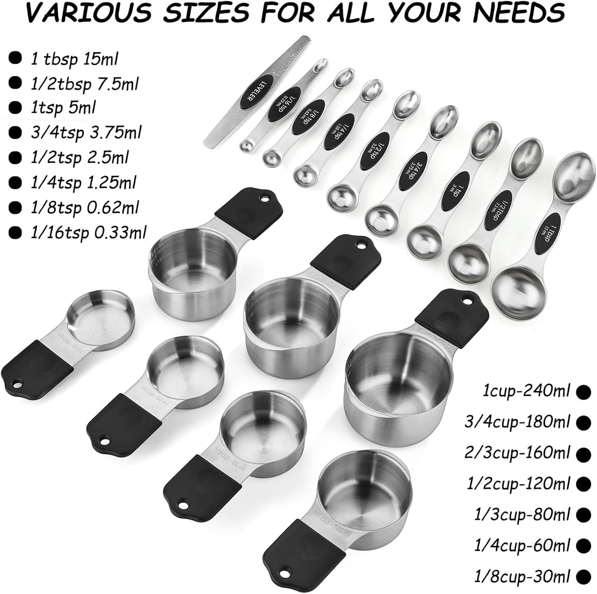 Set 16 Tazas y Cucharas Magnéticas Acero Inox