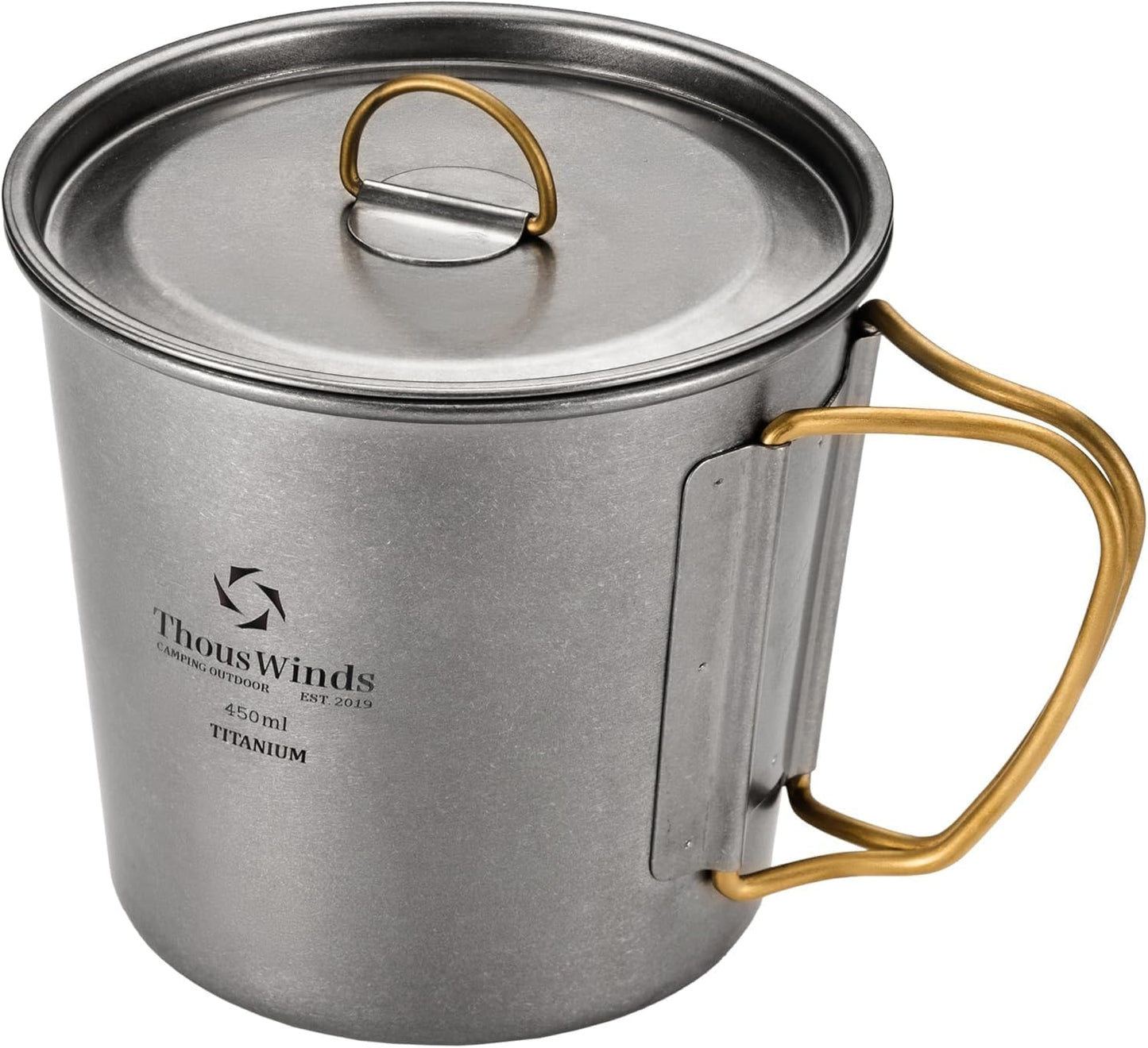 Taza titanio camping 15oz con mango plegable tapa