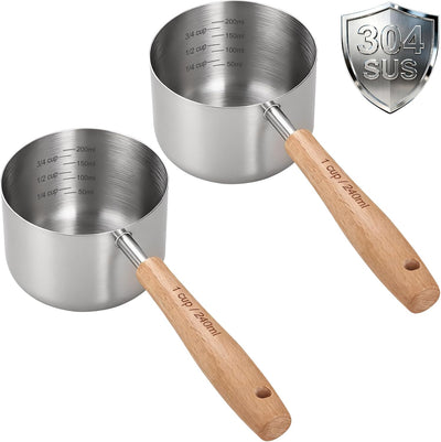 2 Tazas Medidor Acero Inox con Mango Madera para Mascotas