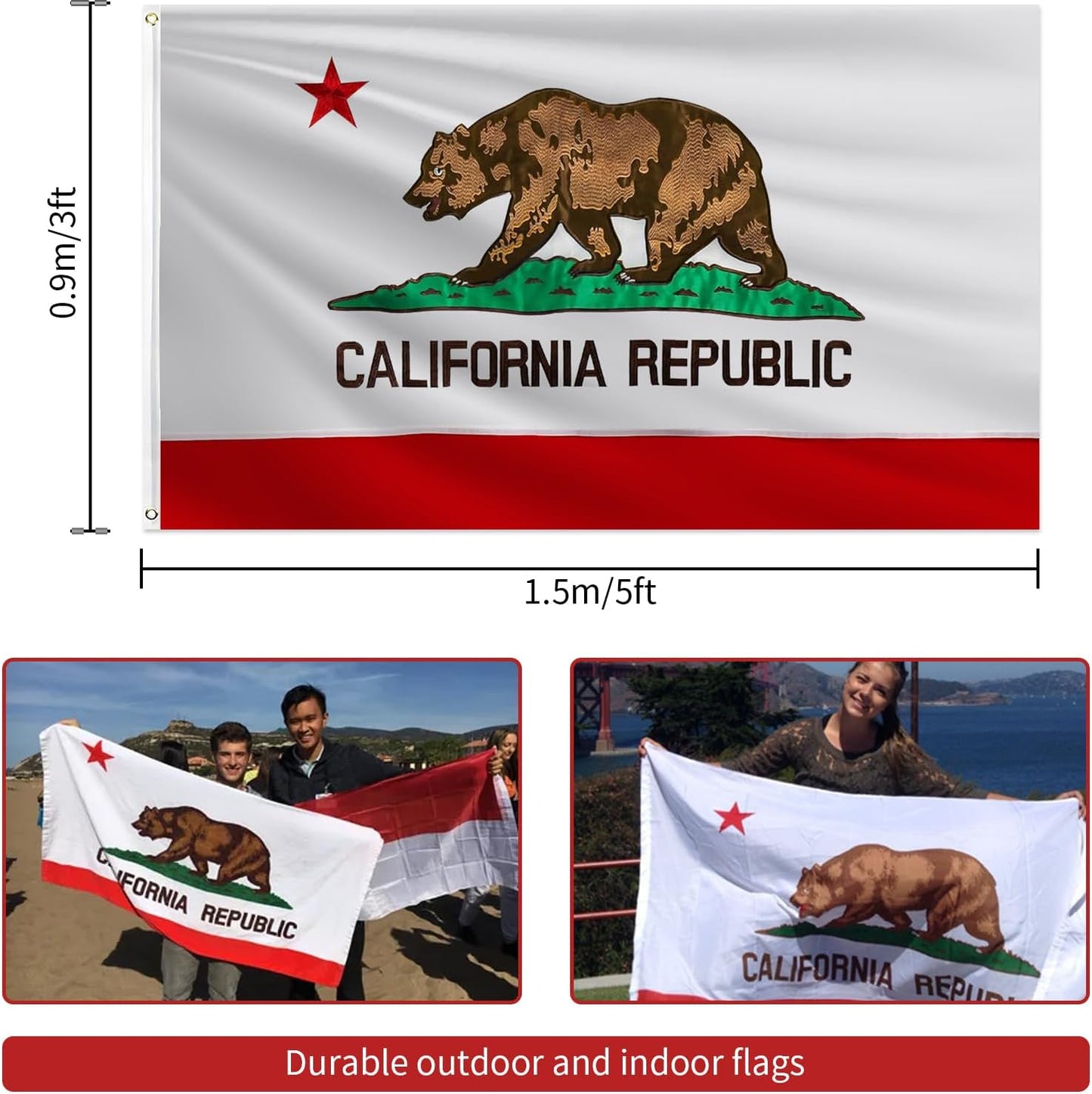 Bandera California 3x5ft doble cara tela 210D con oso