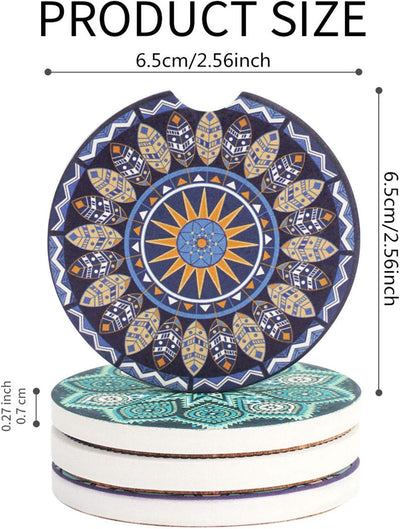 4 Portavasos Cerámica Mandala para Auto con Agarre