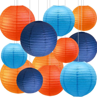 12 Linternas Papel Decoración Fiesta Azul Naranja