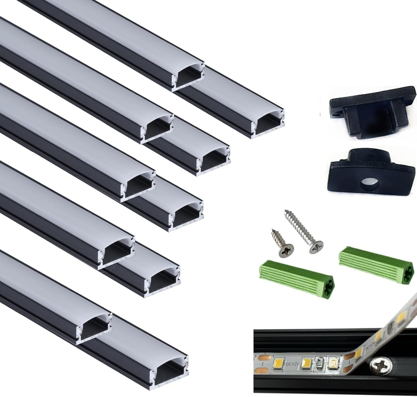 Perfil aluminio difusor LED 6.56pies negro mate empotrado