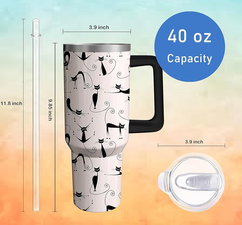 Vaso acero inox 40oz con asa pajilla diseño gato