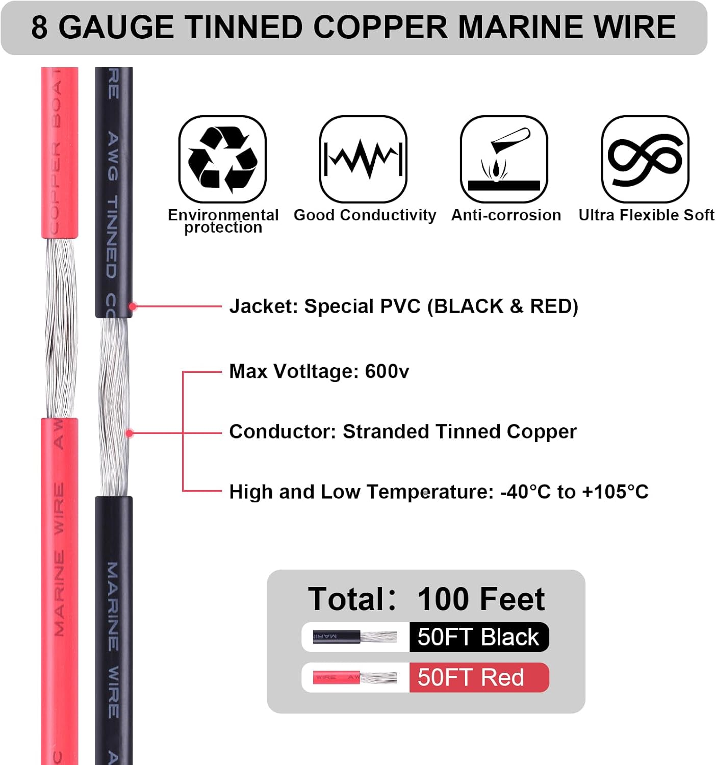 Cable cobre estañado 8 AWG 2 conductores panel solar