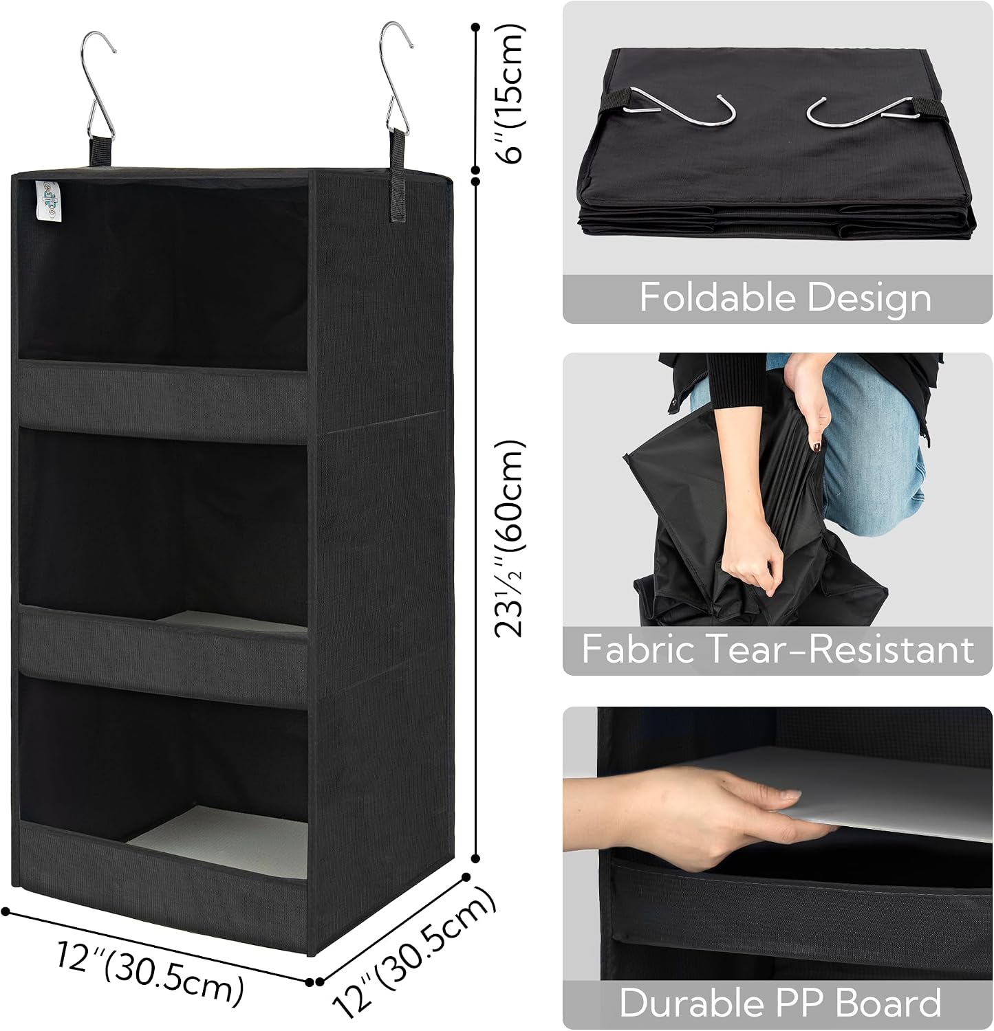 Organiz. colgante 3 estantes plegables negro 29.5x12"