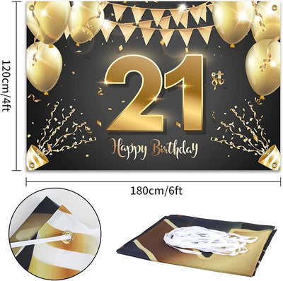 Fondo pancarta feliz cumpleaños 21 6x4ft negro y dorado