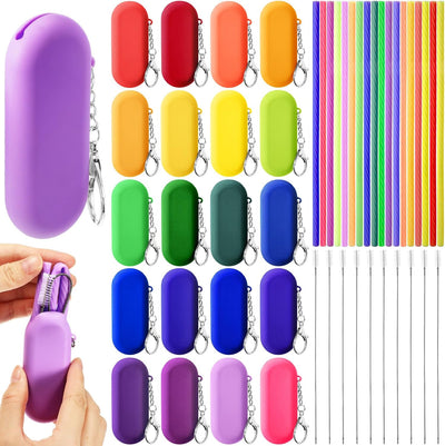 Set 20 popotes silicona reutilizables con funda y llavero