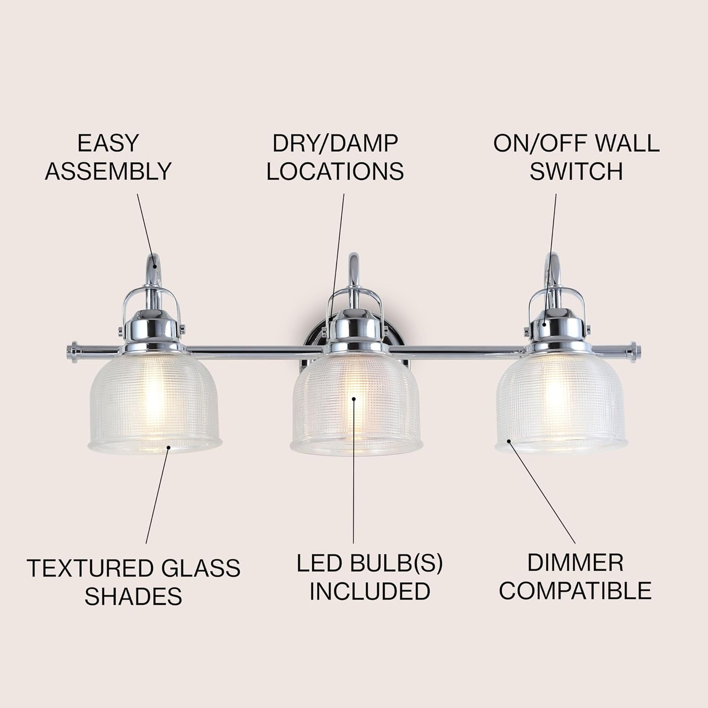 Lámpara baño moderna cromada 25pulg led 3 luces vidrio