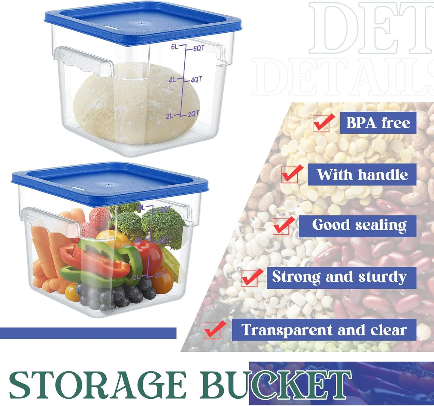 3 Set Recipientes Cuadrados 6qt Con Tapas Cubeta