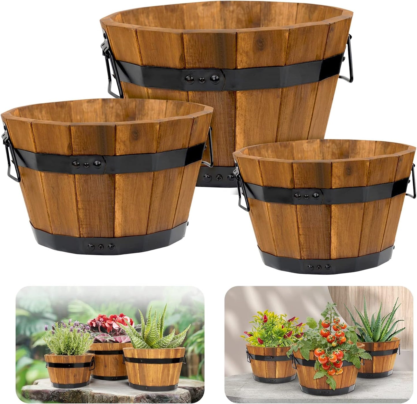 Set 3 Macetas Madera Acacia Exteriores Asas Drenaje Marrón