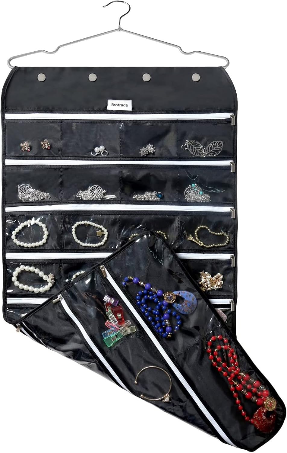 Organiz. colgante joyas 56 bolsillos con cremallera negro