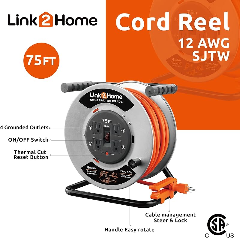 Carrete cable extensión retráctil 75ft 4 tomas