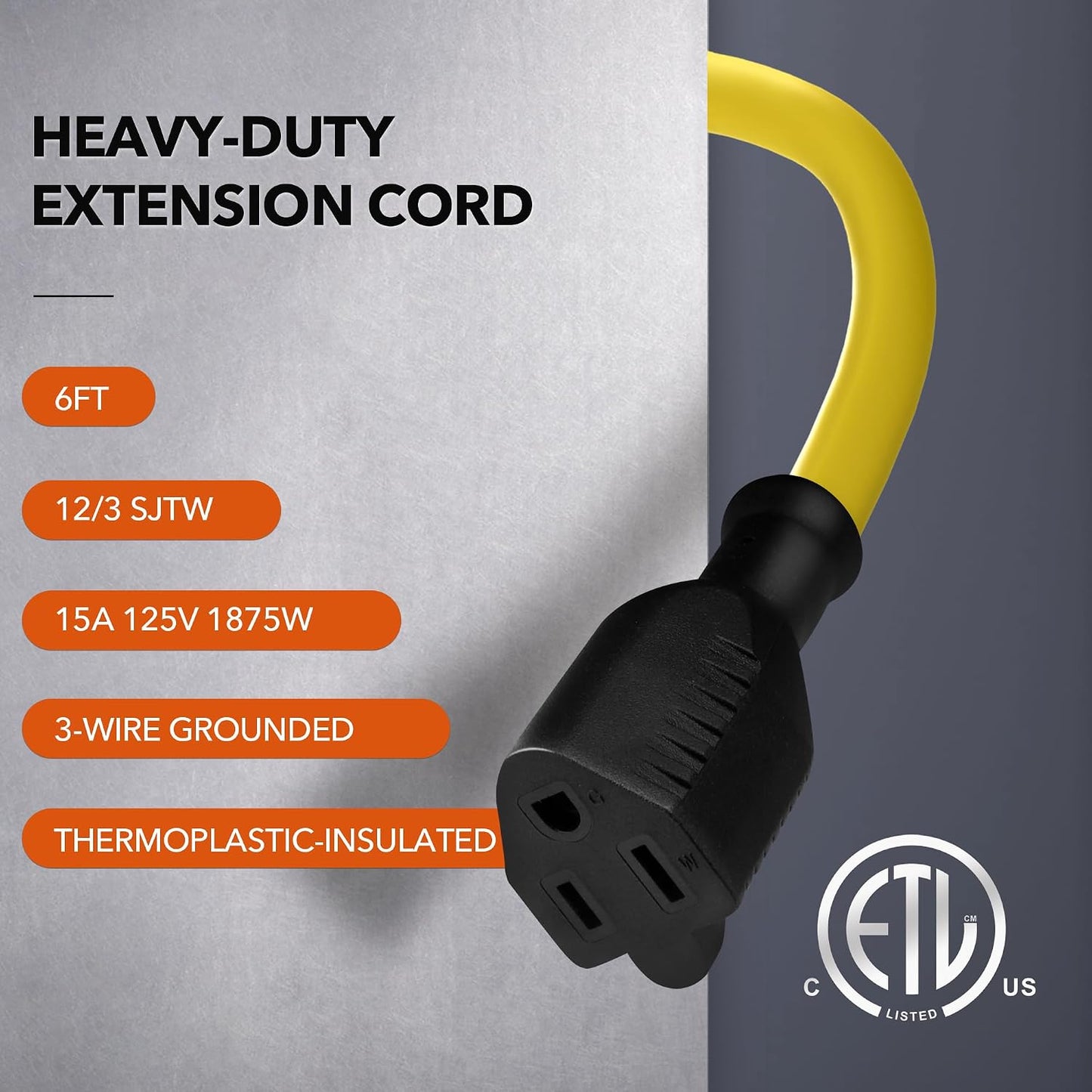 Cable extensión exterior 6ft 12/3 15A enchufe 3 clavijas amarillo