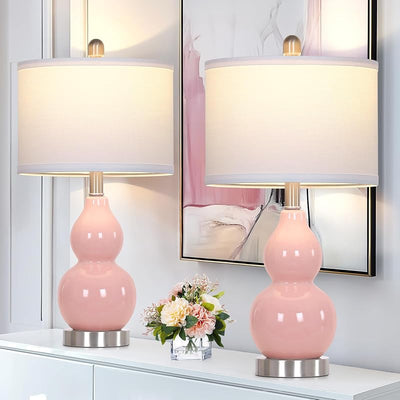 2 Lámparas Mesa Cerámica Calabaza Doble Rosa Dormitorio