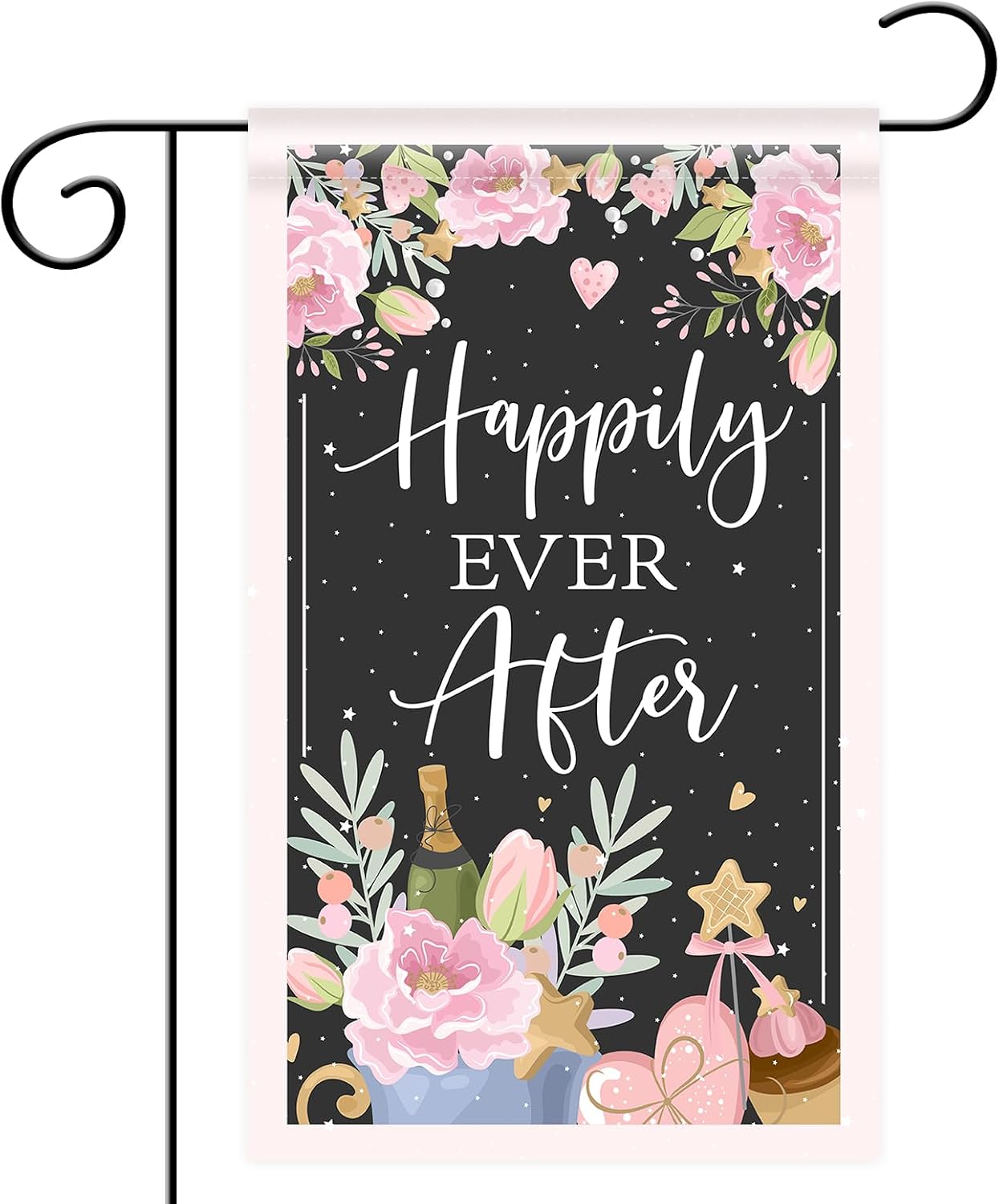 Bandera jardín poliéster texto 'happily ever after' boda