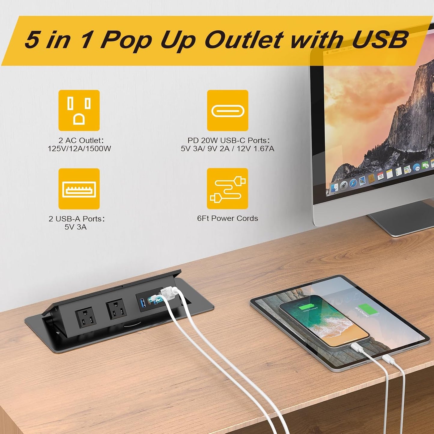 Regleta enchufes empotrada UL con USB C PD 20W acero inox
