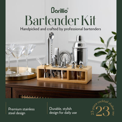 Juego coctelera acero inox soporte bambú herramientas barra