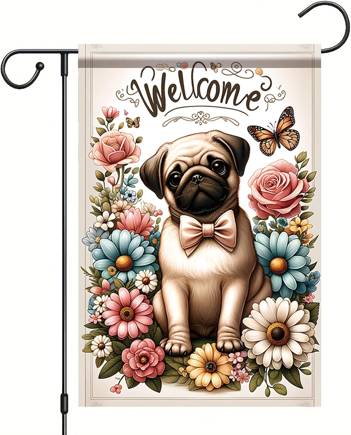 Bandera jardín diseño floral perro carlino 12x18pulg doble cara