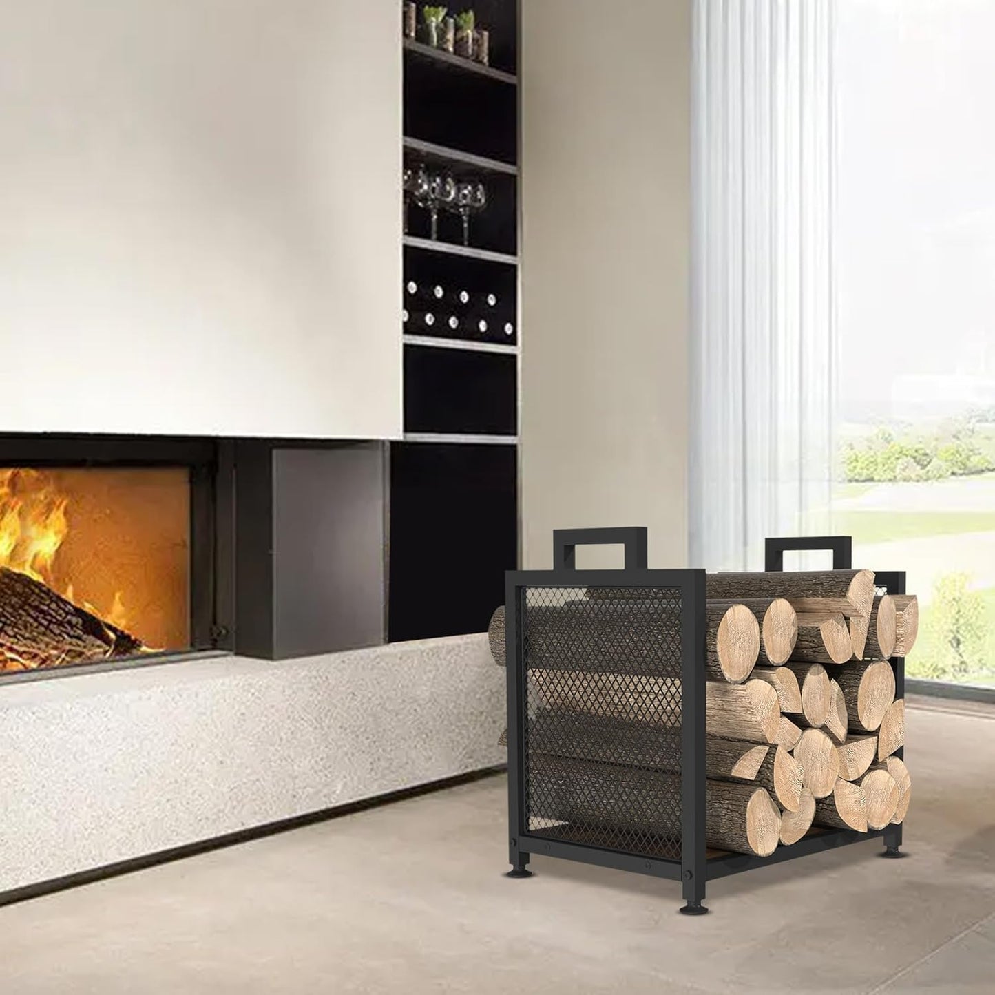 Estante leña interiores madera resistente 17.32pulg negro