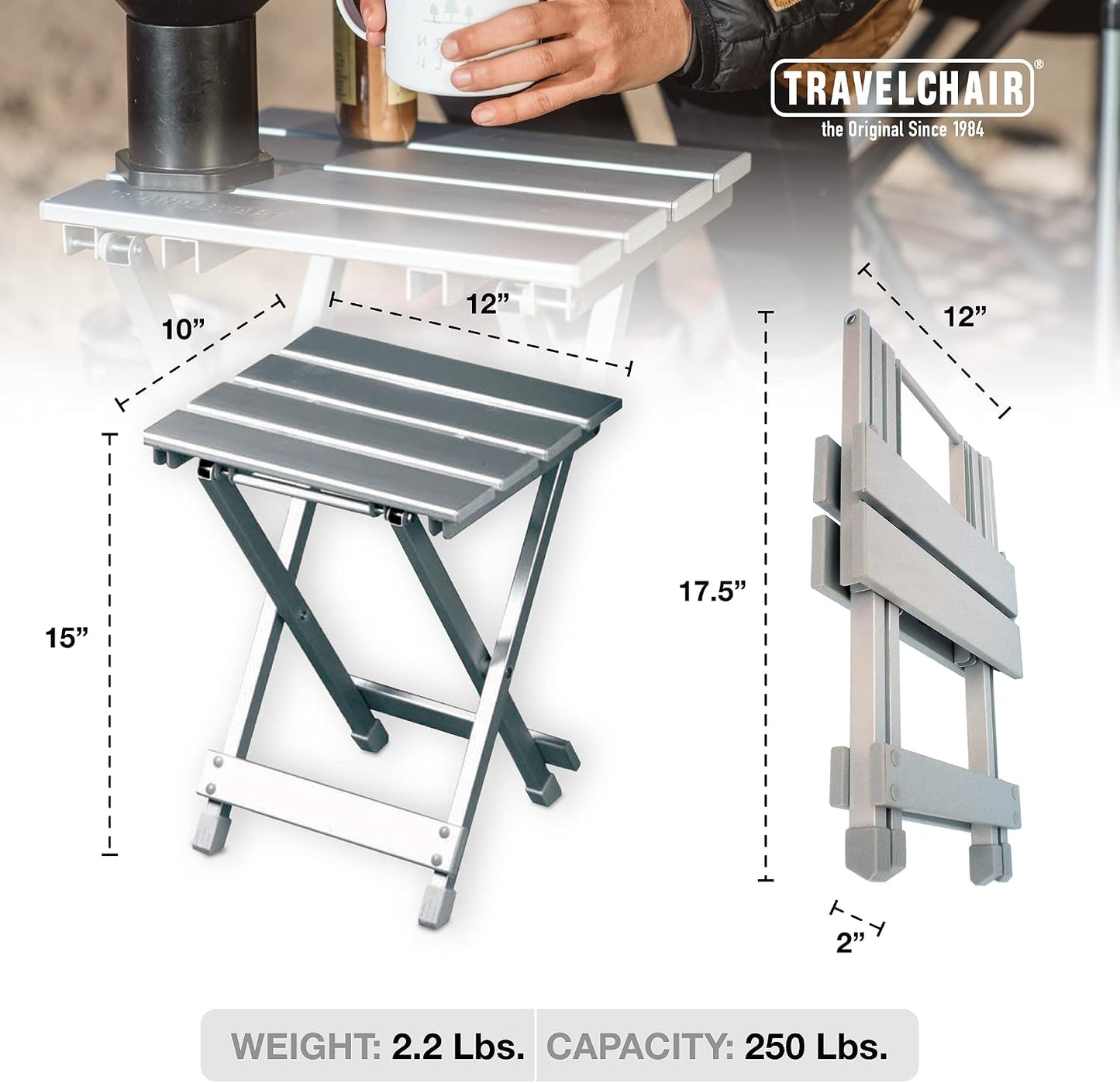 Mesa lateral plegable multiusos para aventuras plata