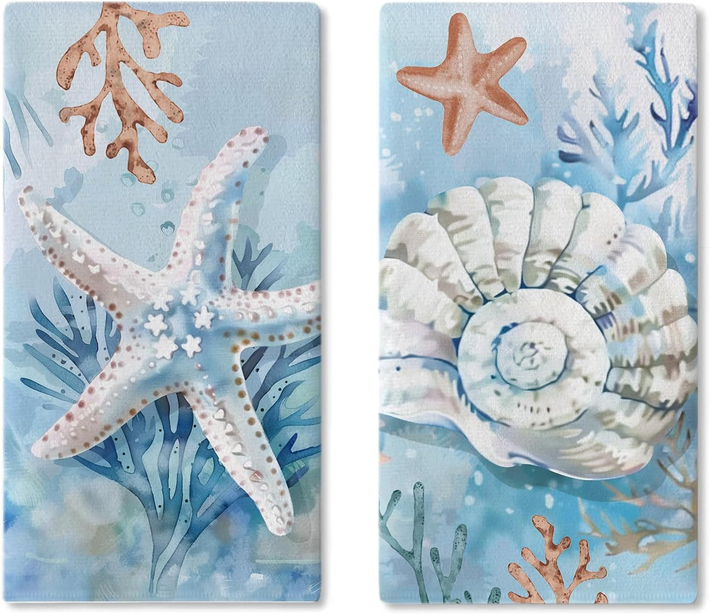 Set 2 Paños Cocina Náuticos Estrellas Mar Conchas Coral