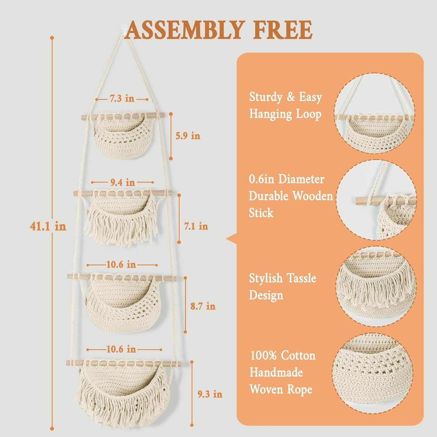 Cesta frutas colgante 4 niveles cuerda algodón beige
