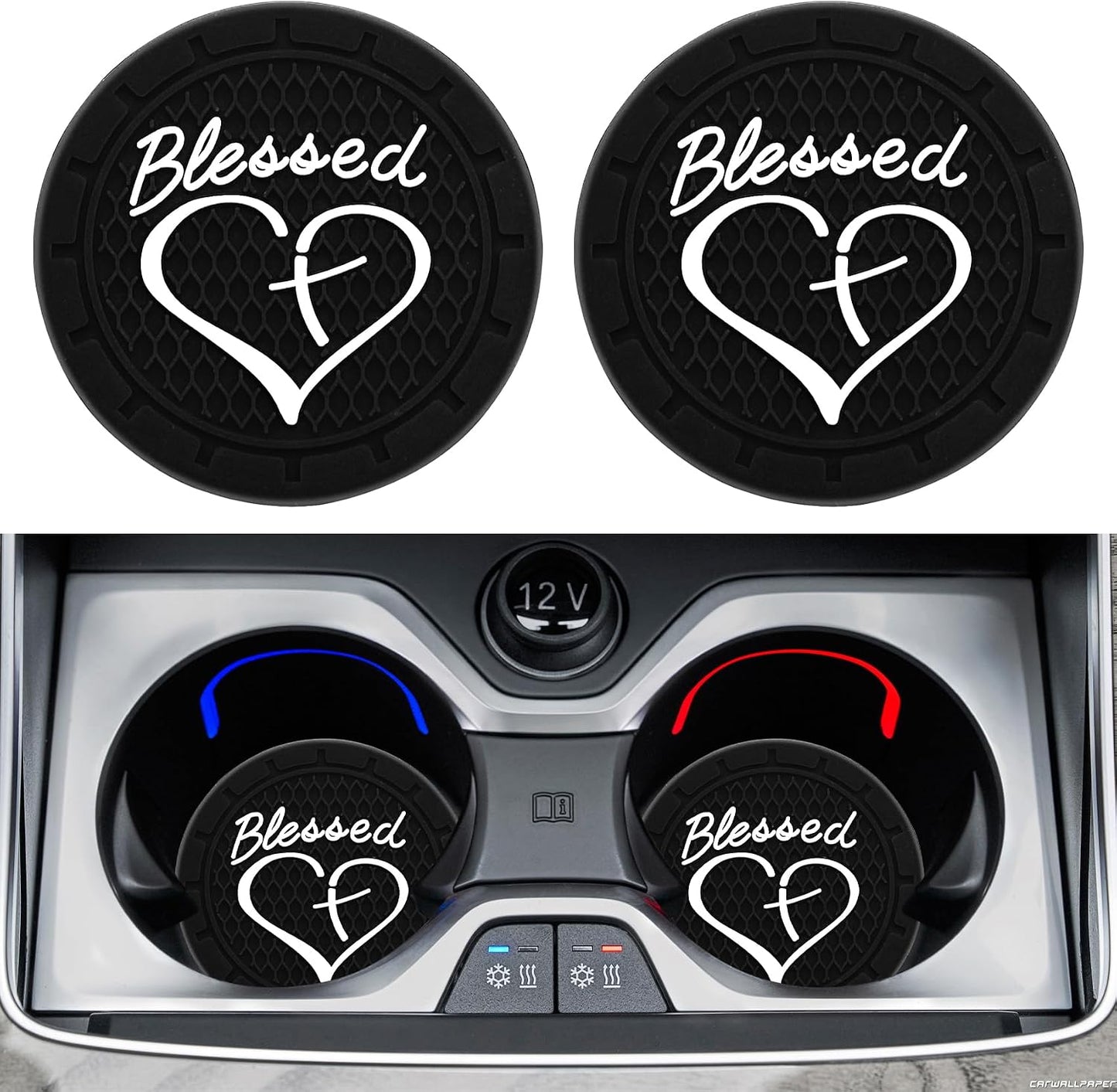2 Posavasos Auto con Tapete Antiderrap Cross y Heart