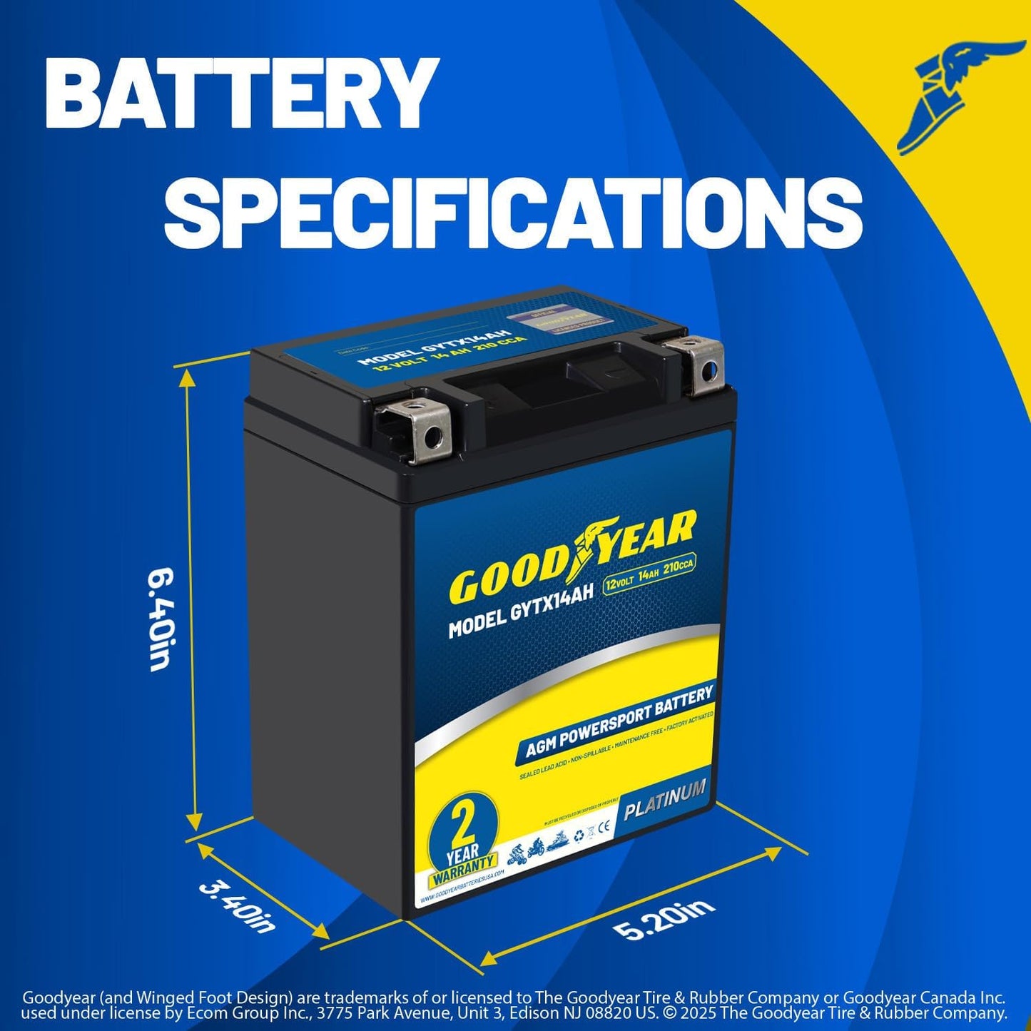 Batería AGM 12V 14AH 210CCA para motocicleta ATV UTV