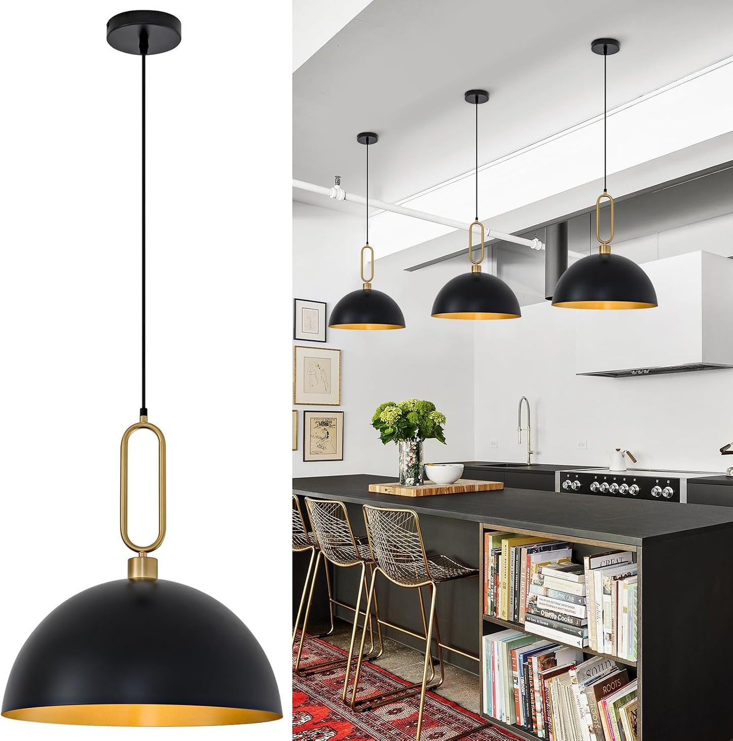 Lámpara colgante cúpula metal negro dorado comedor