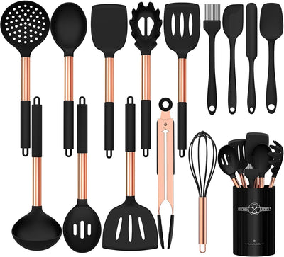Set 15 Pzas Utensilios Silicona Antiadherente Mango Oro Rosa Negro