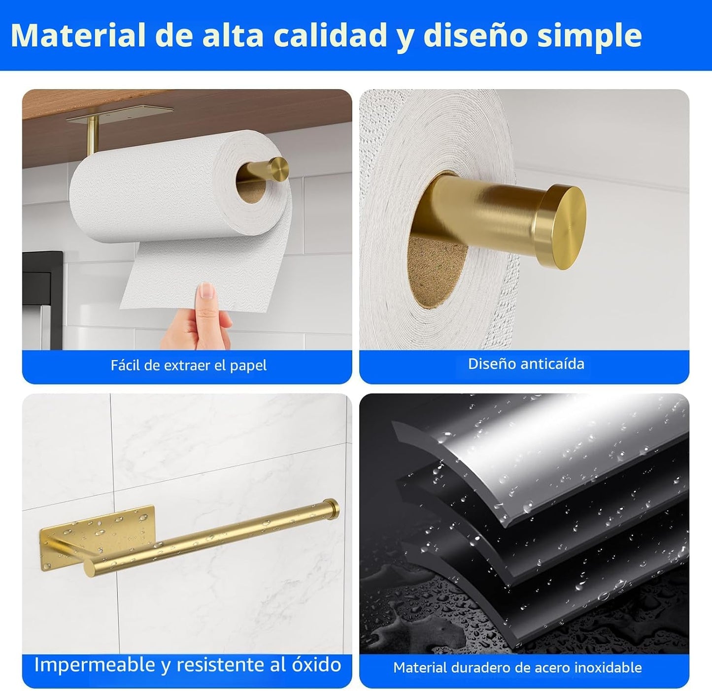 Toallero papel acero inox autoadhesivo pared cocina baño dorado
