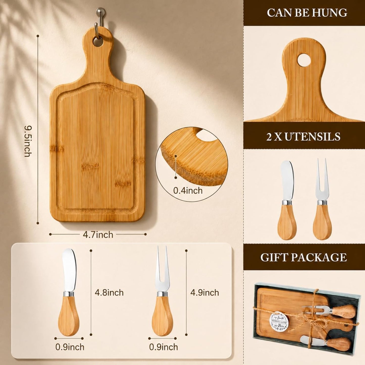 Tabla cuadrada madera quesos con cuchillo tenedor 3 set