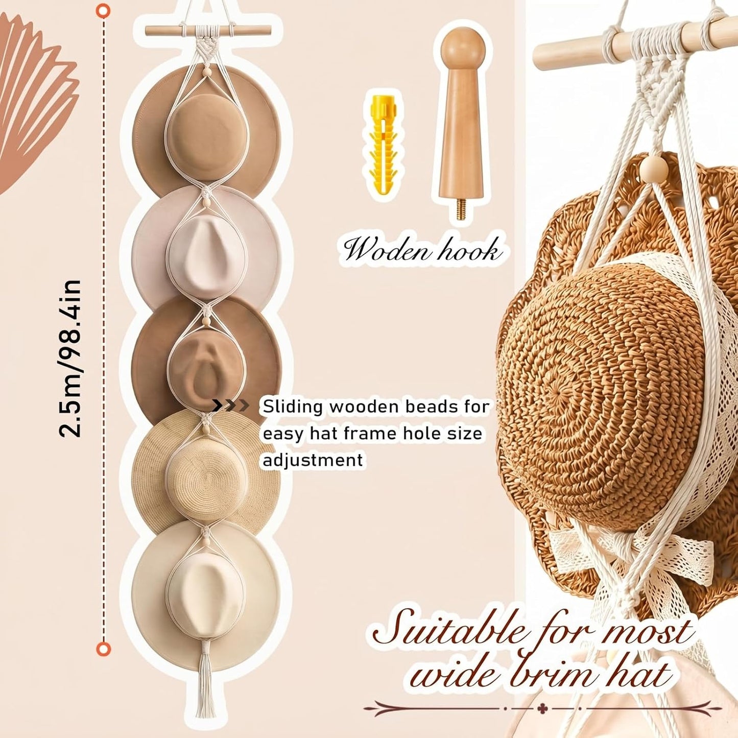 Perchas macramé para sombrero bohemio puerta
