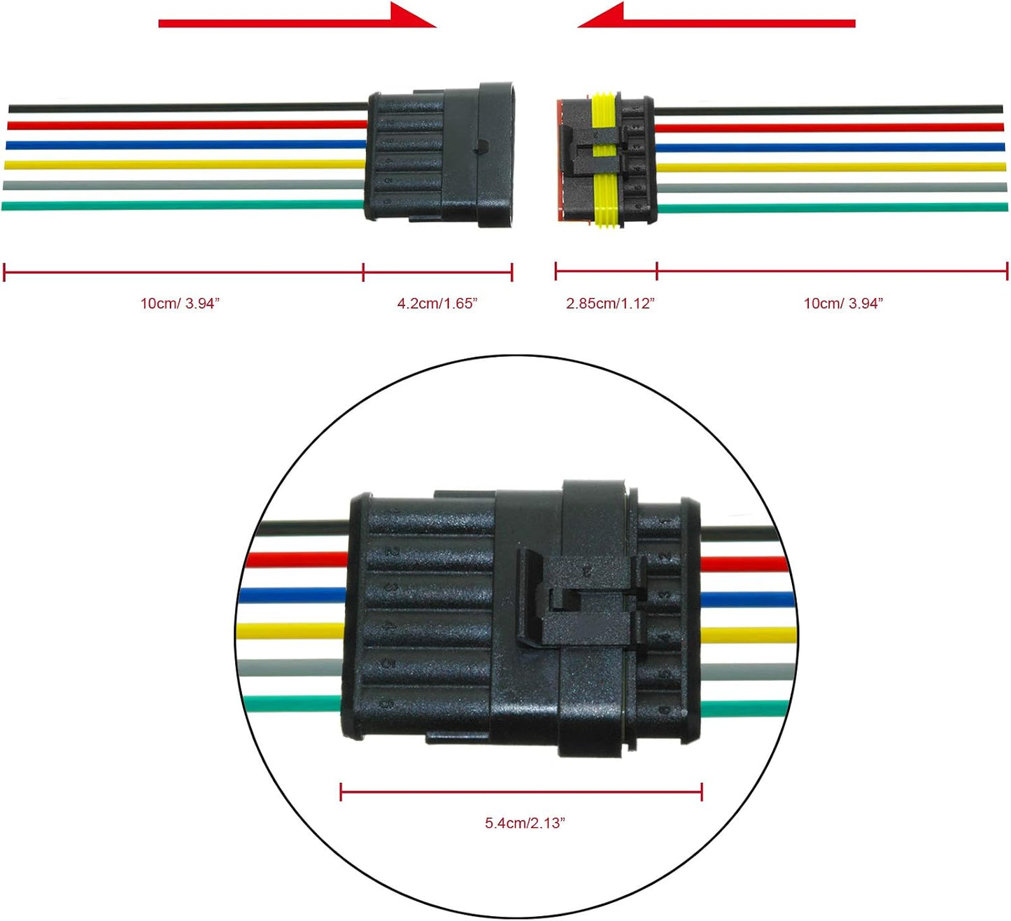 Juego 5 conectores 6 pines 18 AWG impermeables 3.9pulg