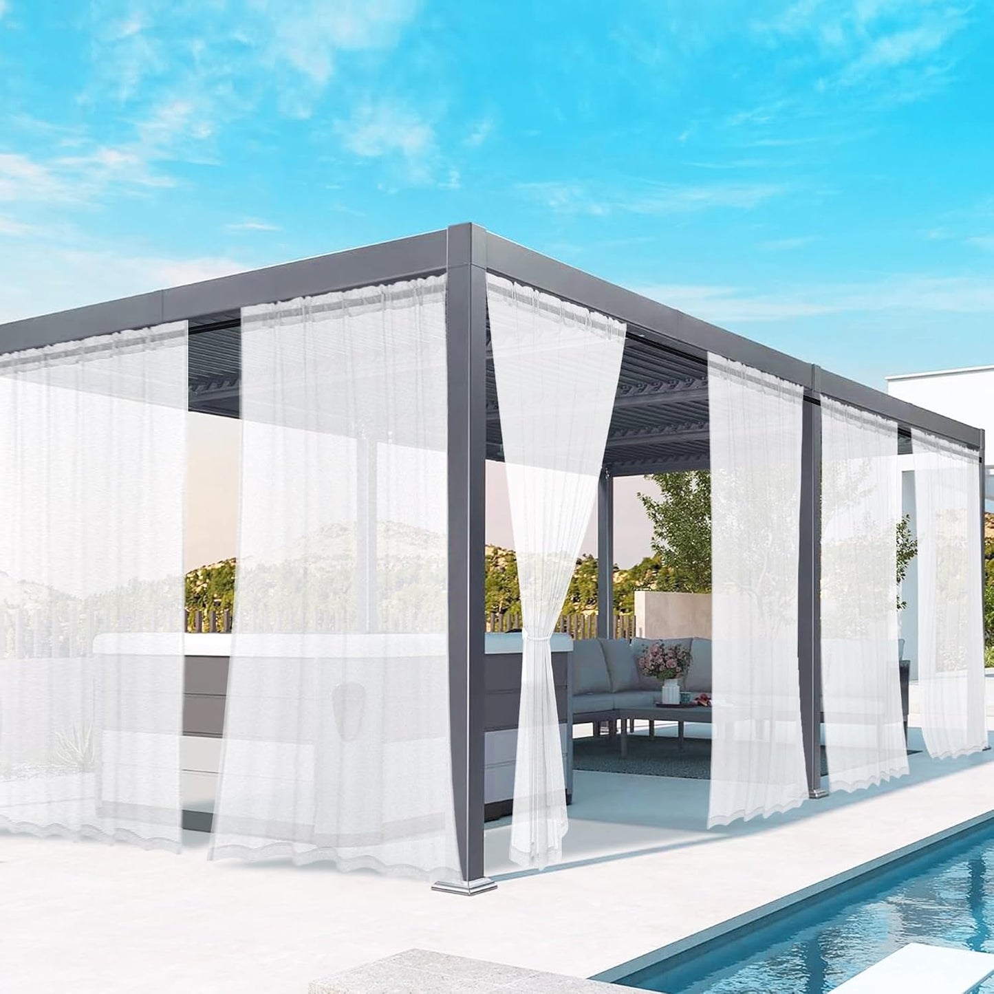 6 Cortinas lino blanco impermeables para patio con bolsillo