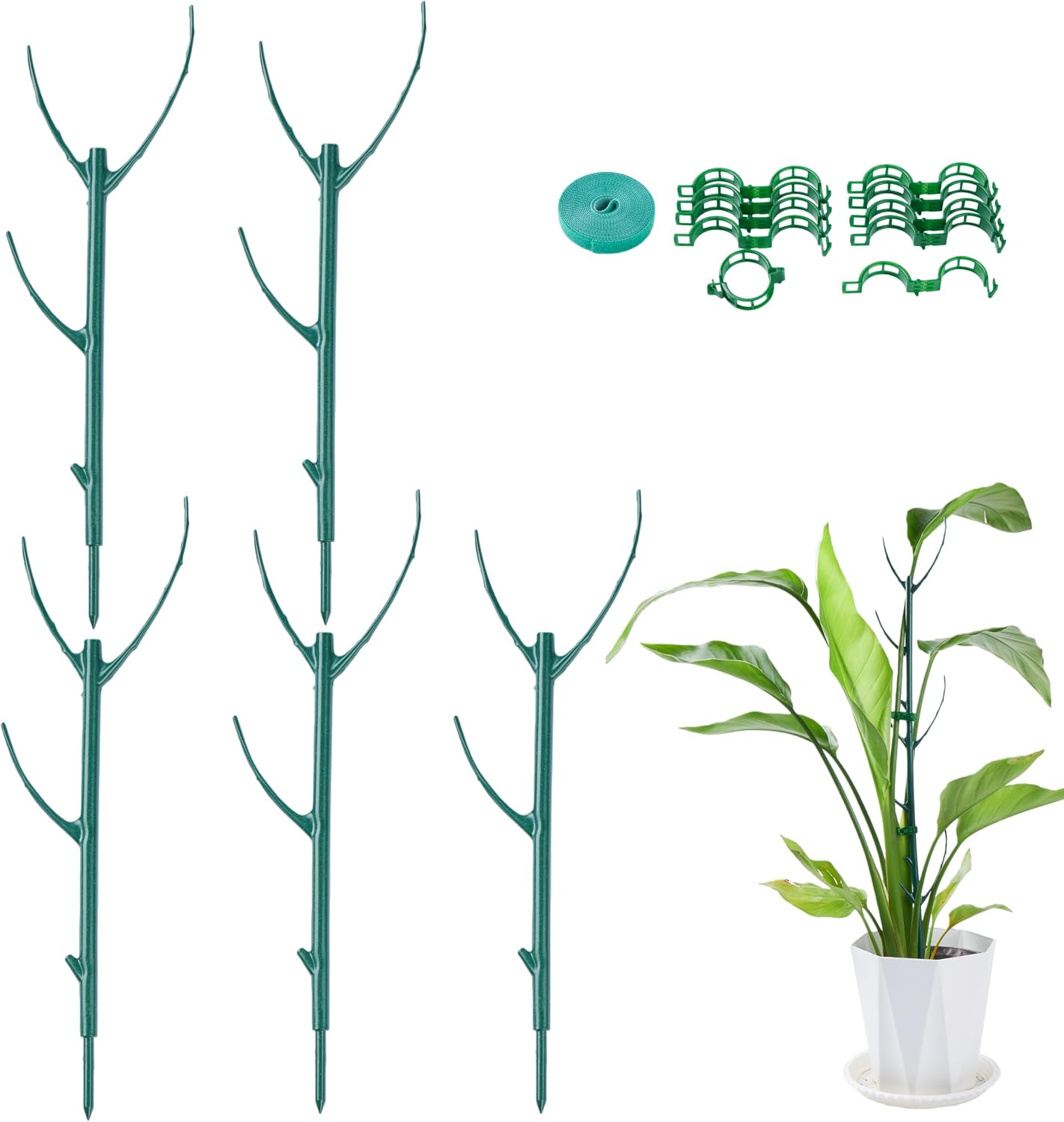 5 Pzas Estacas Ajustables Soporte Plantas con Lazos y Clips